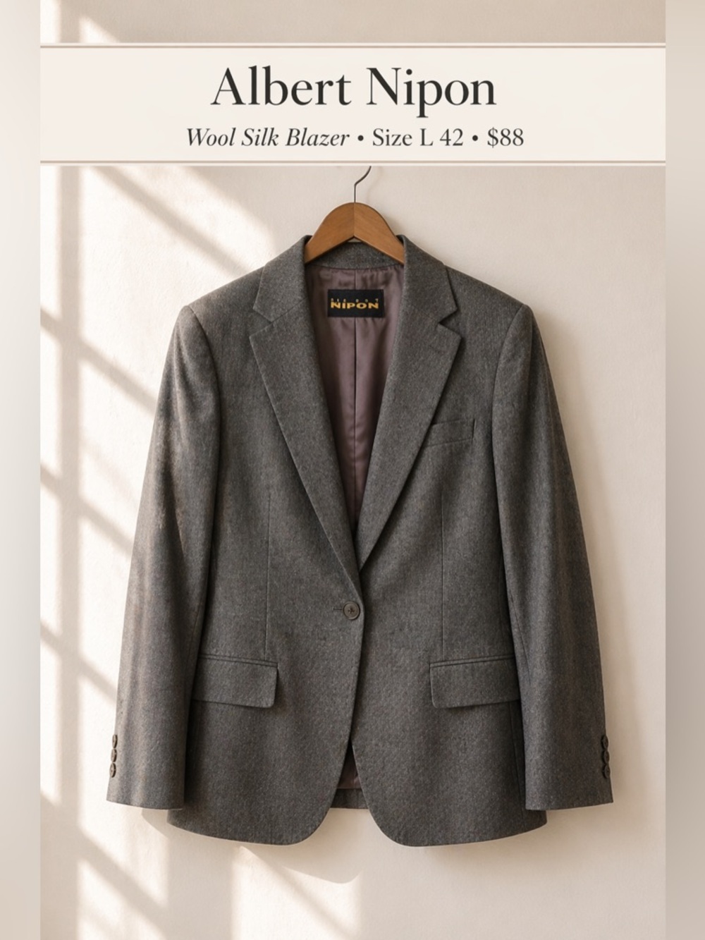 Albert Nipon Wool Silk Blazer Gray Tailored Jacket Size L 42